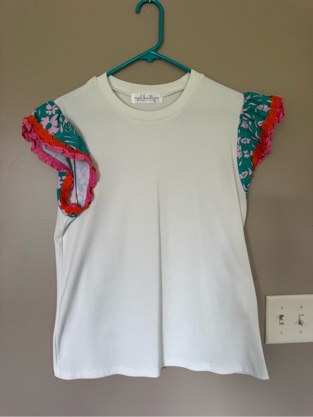 Mod Boutique White Flutter Sleeve Top with Teal Floral Trim
